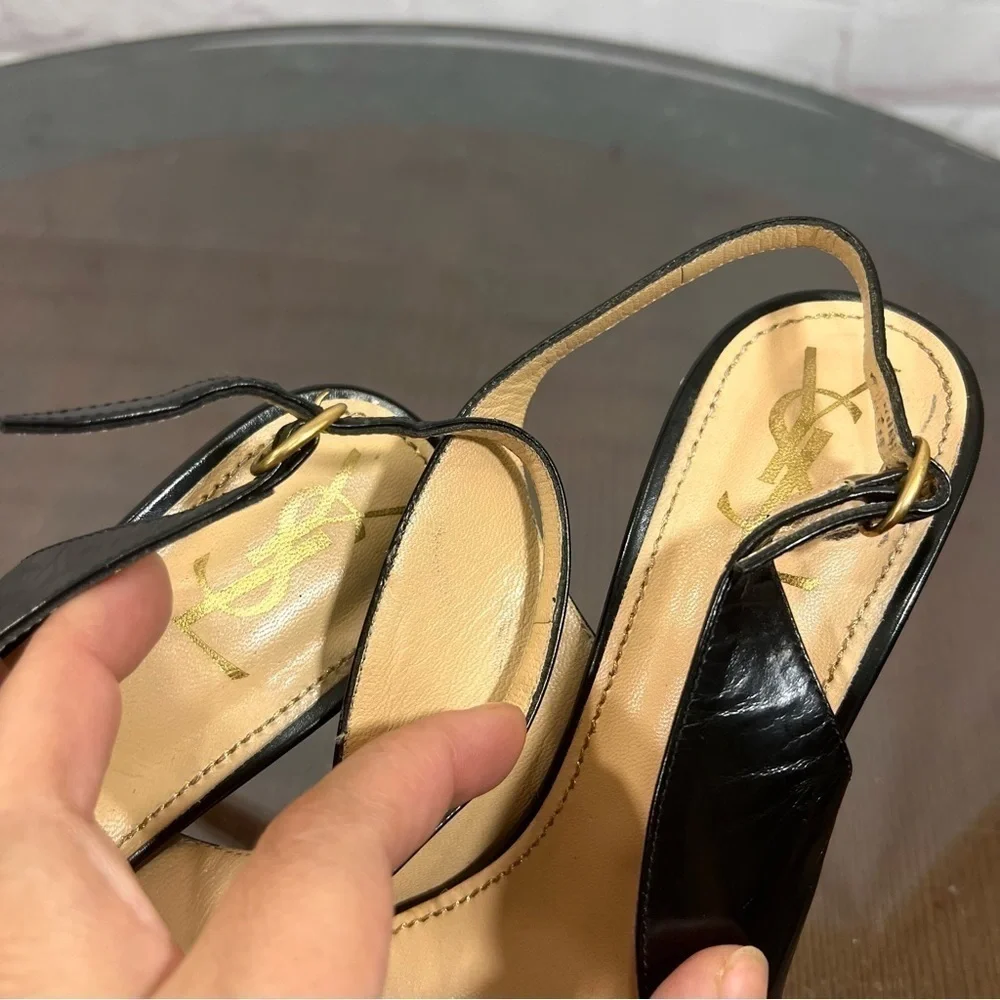 YSL Patent & Calf Leather peep toe sling back pumps 37 GUC sexy chic vintage